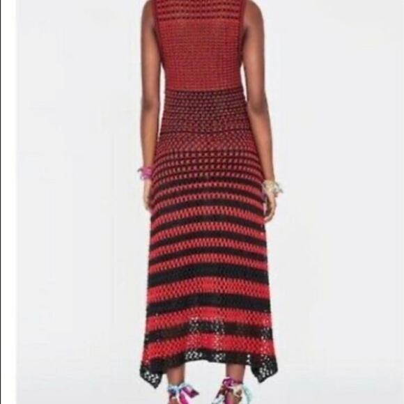 Zara  Studio Red Black Linen Maxi Long Knit Crochet Dress Sz M - Picture 5 of 16